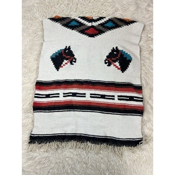 Native Mexican Horse Poncho Heavy Blanket Aztec Southwest Serape Fringe OS - Picture 5 of 12